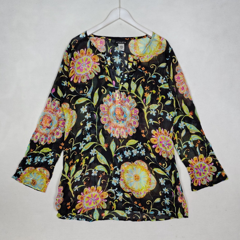 Athleta Cotton Silk Floral Paisley Tunic Top Black Multi L 32136